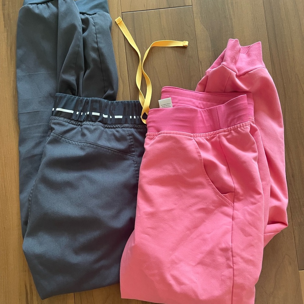 Figs Hot Pink Jogger Scrubs + Grey’s Anatomy Slate Gray Jogger Scrubs